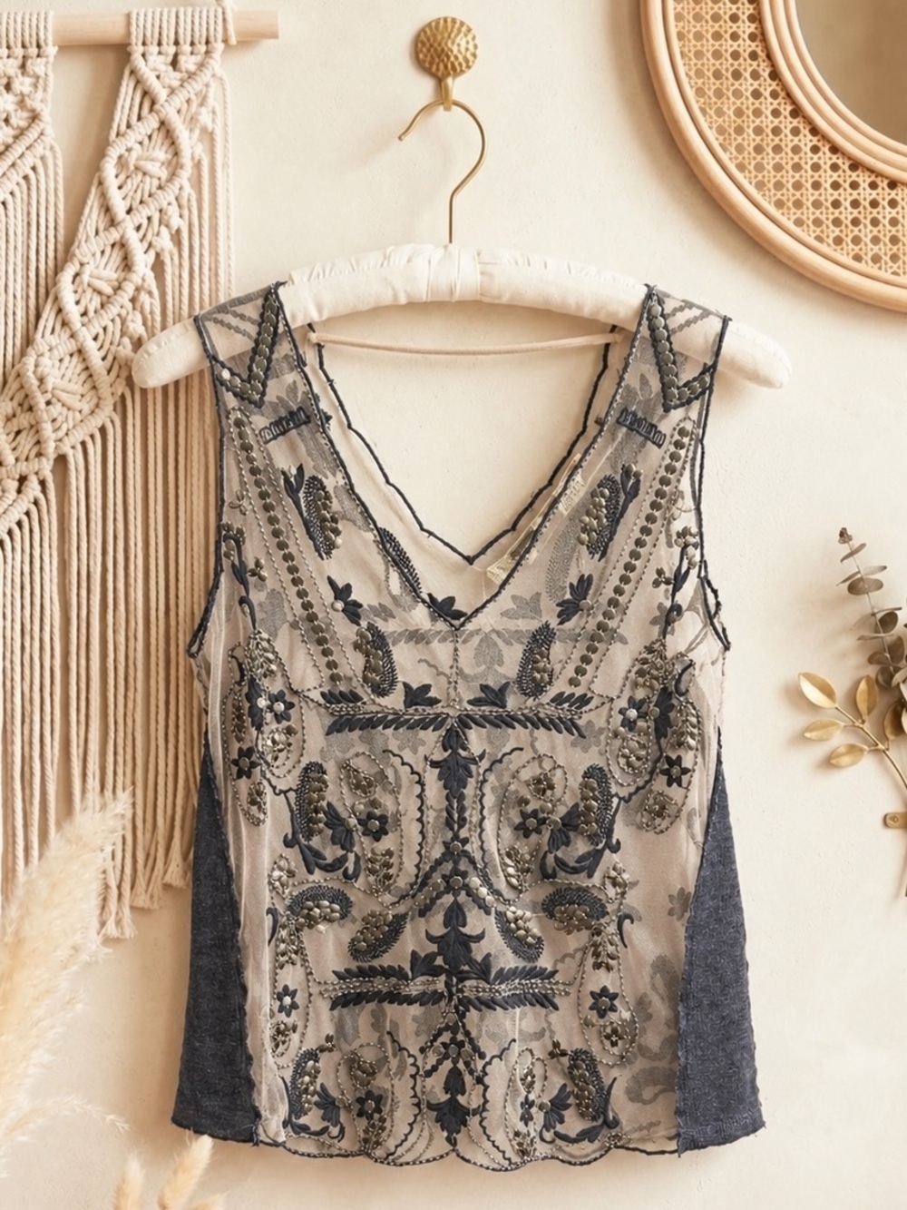 Vintage Y2K BKE Beaded Embroidered Mesh Camisole - Black & Cream